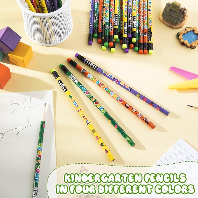 Spakon 100 Pcs Kindergarten Pencils for Kids Girls Cute Kindergarten Pencils Kindergarten Here I Come School Supplies for Classroom Reward Party Favor with Erasers