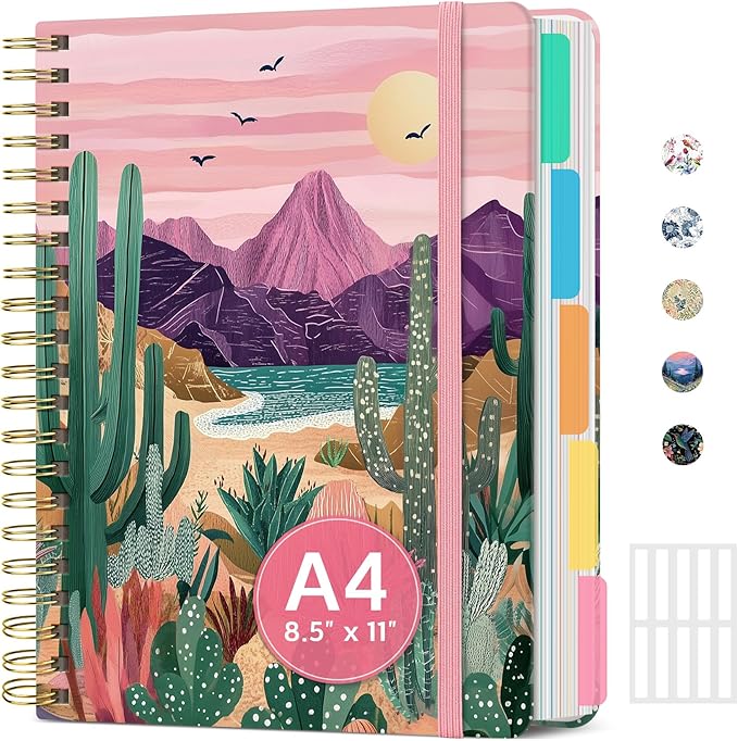 Large Lined Spiral Journal for Women Cute Hardcover 5 Subject Notebook for Work 8.5" x 11" with Removable Dividers & Tabs, College Ruled, 280 Pages Aesthetic Journal for Work, School & Note Taking, Sunset Arroyo