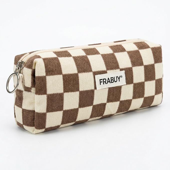 Soft Corduroy Pencil Case Pen Pouch Organizer, Small Stationery Bag | Cute Crown Checkerboard Pouch, Smooth Zipper, Daily Cosmetics Holder, Compact Organizer for School Teen Girls, Women
