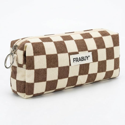 Soft Corduroy Pencil Case Pen Pouch Organizer, Small Stationery Bag | Cute Crown Checkerboard Pouch, Smooth Zipper, Daily Cosmetics Holder, Compact Organizer for School Teen Girls, Women