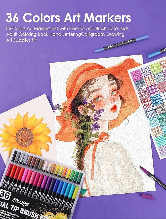 TOSHARE Art Markers Pens Dual Tip Coloring Markers Set with Brush & Fine Nib for Adult Coloring Book Brush Pens Professional Calligraphy & Drawing Art Supplies Kit for Adults (36 Colors)