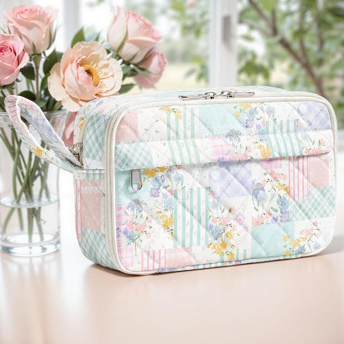 WOBAGMEN Quilted Pencil Pouch for Women, Large Capacity Pencil Case with Compartments, Cute Aesthetic Pencil Organizer, Floral Stationery Pouch（Colorful Patchwork）