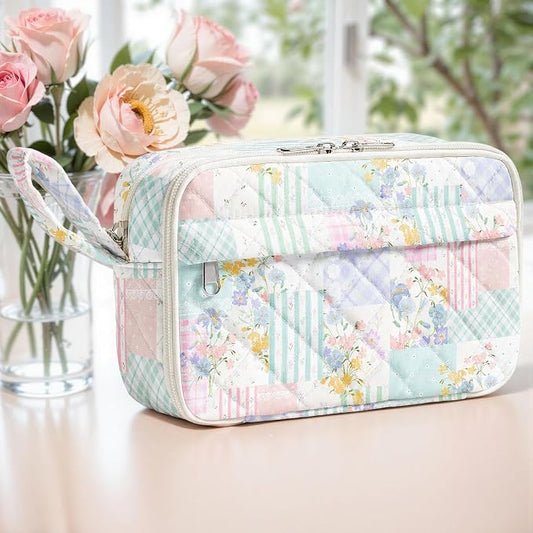 WOBAGMEN Quilted Pencil Pouch for Women, Large Capacity Pencil Case with Compartments, Cute Aesthetic Pencil Organizer, Floral Stationery Pouch（Colorful Patchwork）