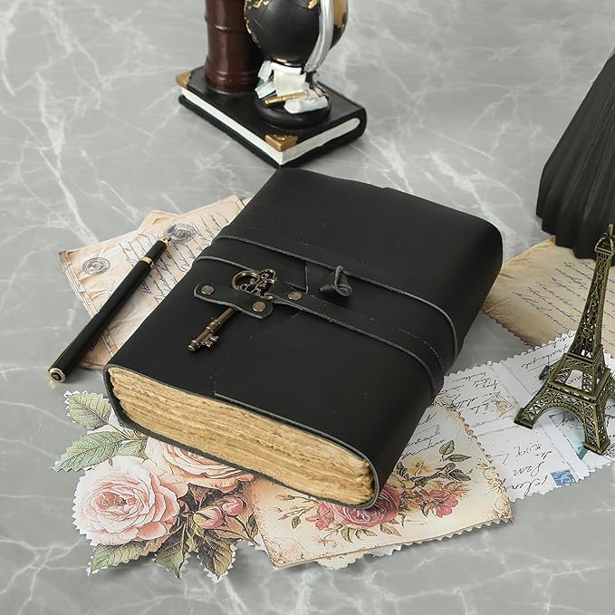 Leather Journal with Deckle Edge Paper 8x6 inch and Vintage Key | Handmade Writing Notebook Diary | Bound Daily Notepad for Men & Women Medium, Sketch/Writing pad for Artists