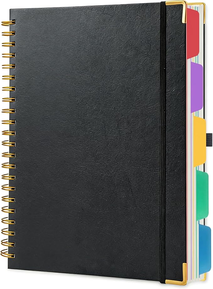 VANRTTO Hardcover Spiral Notebook With Removable Divider Tabs, B5 Notebooks College Ruled, 110 GSM Thick Lined Paper 5 Subject Notebooks for Work, School, 300 Pages Journals for Writing Black B5DT
