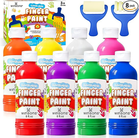 Washable Finger Paint for Kids, 8oz x 8 Colors - Non-Toxic, Thick Finger Paint for Toddlers, Art Supplies for Home & Classroom Use, Large Bottles
