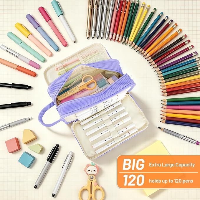 Cute Big Pencil Case Pouch Bag with Handle for Teen Girls Boy Gift | Large 4 Compartment Multiple Pockets Corduroy Aesthetic Pen Bag Pouch Organizer for School College Supplies,Navy Blue