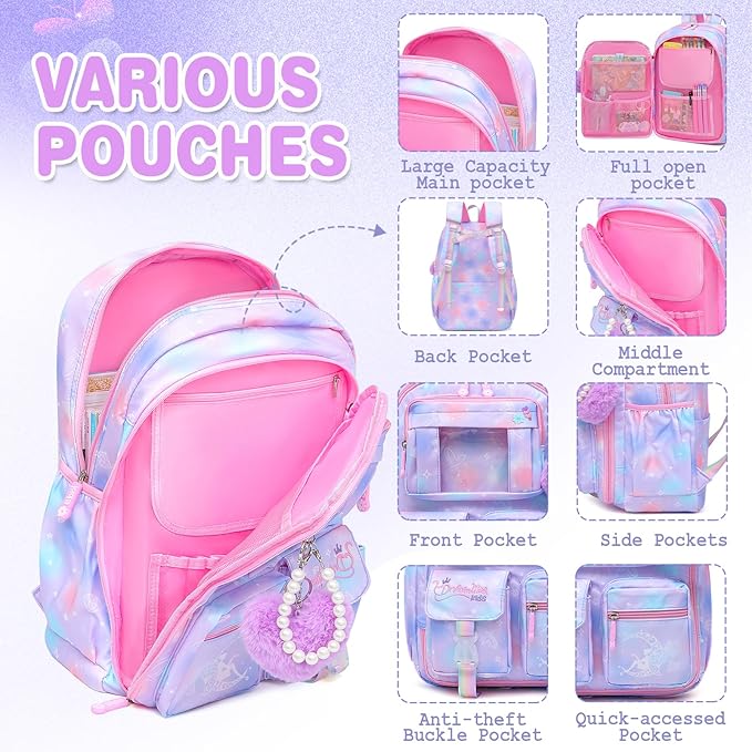 Alrisg Girls Backpack for Kids Elementary Middle School Cute Student Bookbag School Bag Purple Set