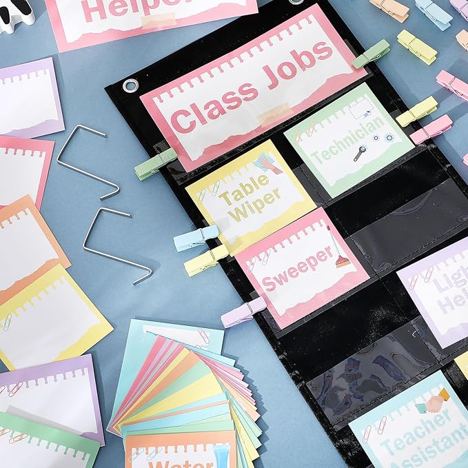 Pasimy Pastel Class Jobs Pocket Chart Class Helpers Pocket Chart Classroom Jobs Cards with Clips and Hooks Teacher Helper Bulletin Board Set for Back to School Classroom Teacher Supplies