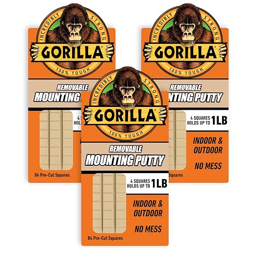 Gorilla Removable Mounting Putty Reusable & Repositionable Adhesive 84 Count Pre-Cut Squares (Pack of 3) Holds 2 lbs Back to School Supplies for Teachers Students Parents, Indoor Outdoor
