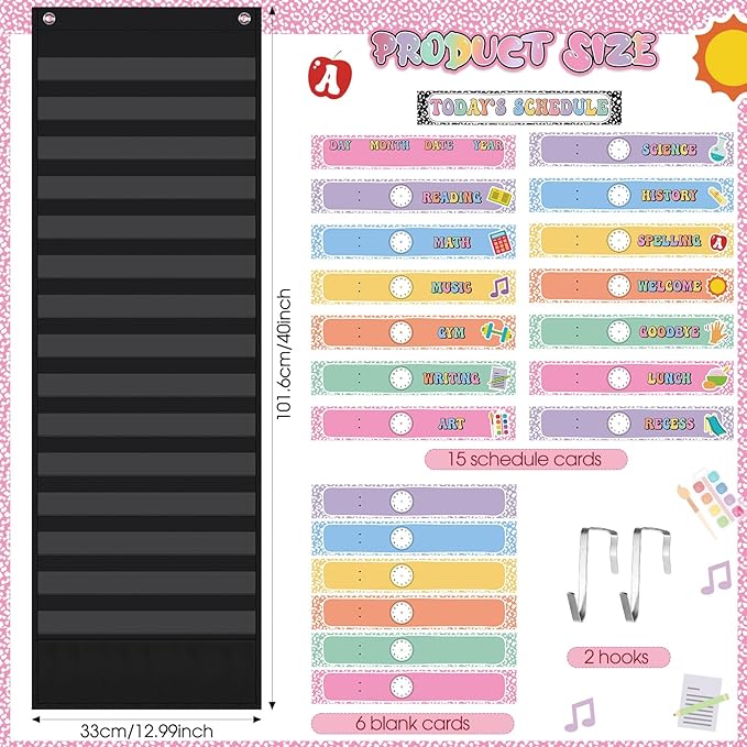 Pasimy Daily Schedule Pocket Chart for Classroom 15+1 Pockets with 31 Double Sided Reusable Cards 2 Magnetic Erasable Pens & Hangers Visual Schedule Chart School Office Home Decor(Black,Composition)