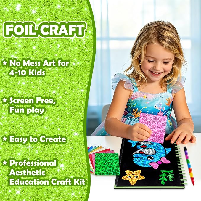 FUNNYB&G Foil Art Craft Kit for Kids 4-10 Years Old: Mess-Free & No-Glue, Create 16 Sparkly Animal World Pictures – Perfect Travel Toy & Birthday Gift for Kids (Animal World)