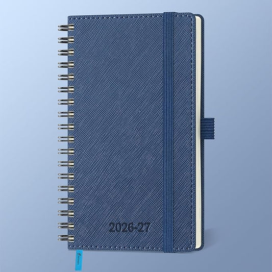 Planner 2026-2027 Daily Weekly and Monthly,6.5"x3.75",18 Months Spiral Bound Calendar Agenda with Self-adhesive Pen Holder,2026 Academic Plan with Vegan Leather Soft Cover,Blue