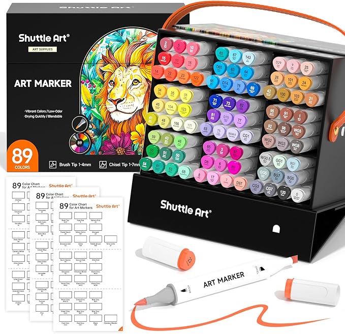 Shuttle Art Brush Tip Alcohol Markers, Dual Tip Brush & Chisel Tip Art Marker Set, 89 Colors Marker Pens with Organized Case Perfect for Illustration Kids Students Adults Coloring Sketching