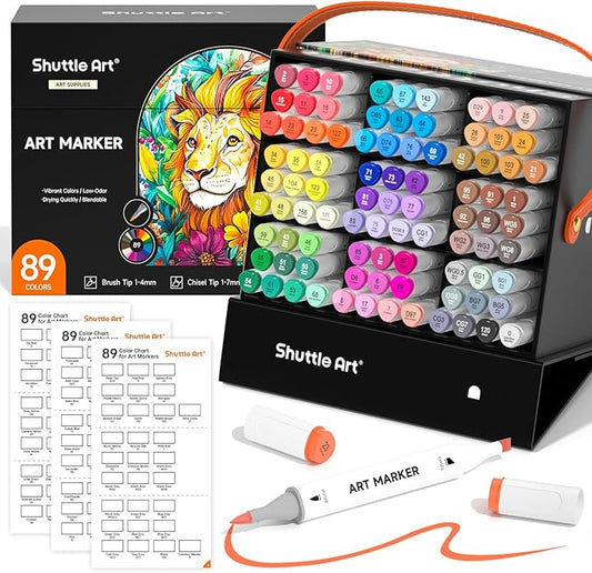 Shuttle Art Brush Tip Alcohol Markers, Dual Tip Brush & Chisel Tip Art Marker Set, 89 Colors Marker Pens with Organized Case Perfect for Illustration Kids Students Adults Coloring Sketching
