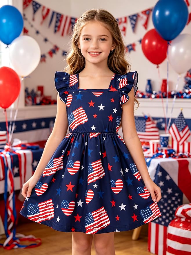 Popshion Girls Dresses Flutter Sleeve Swing Sundress Toddler Summer Clothes Kid Birthday Party Sleeveless Dress 1-8 Years Old