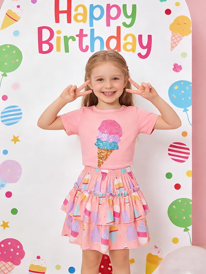 Little Girls Skirt Set - 2 Piece Short Sleeve Top Shirred Tiered Skirt Outfit Girls Spring Summer Clothes 3-8 Years