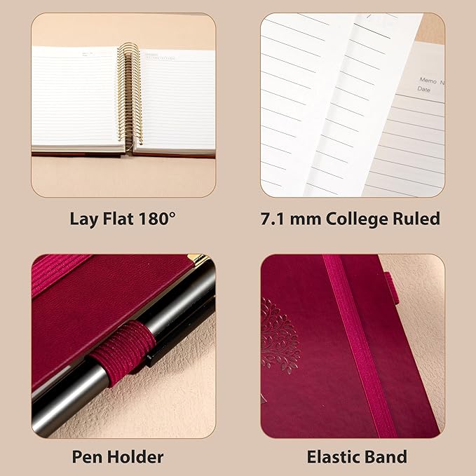 Yoment Hardcover Spiral Notebook 8.5" x 11" Leather 5 Subject Notebook College Ruled with Dividers Tabs 300 Pages Large Spiral Journal Notebooks for Work School Note-Taking Business, Burgundy