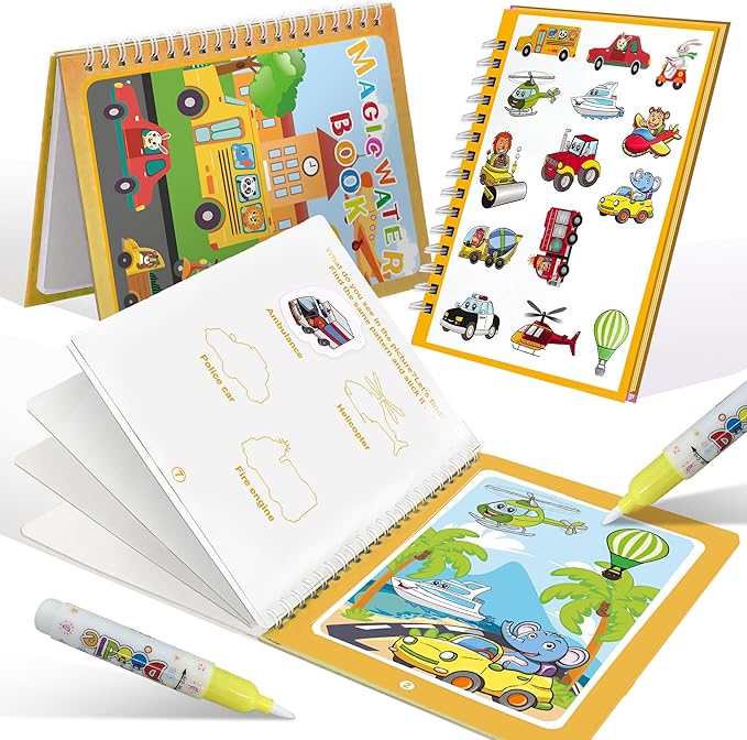 Reusable Water Coloring Books for Toddlers 1-3 with 18+ Stickers & No-Mess Pen, Traffic Theme Water Coloring Books for Toddlers 1-3, Magic Paintless Painting Book for Toddler, Paintless Painting Book