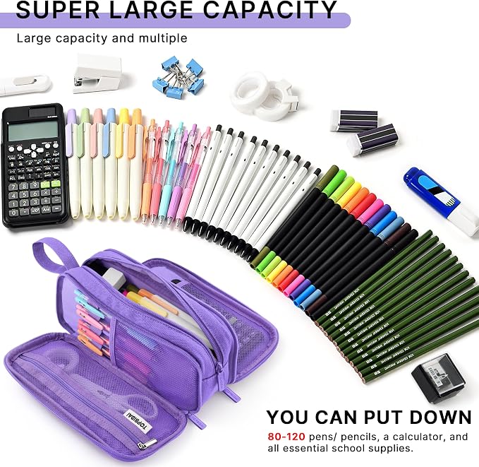 TOPBIDAI Large Pencil Case Pouch for Girls Boy Women Men Adults | Big Capacity Canvas Pencil Bag, Office School Supplies, Multi Compartment Zipper Stationery Pen Box(Full Purple)