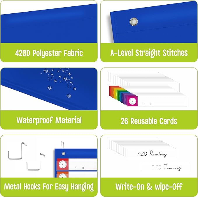 Daily Schedule Pocket Chart, Classroom Charts with 13+1 Pockets, 13 Double-Sided Reusable Colored Cards, 13 Blank Ones and 2 Over-Door Mounting Hangers Include (Blue, 13” x 36”)