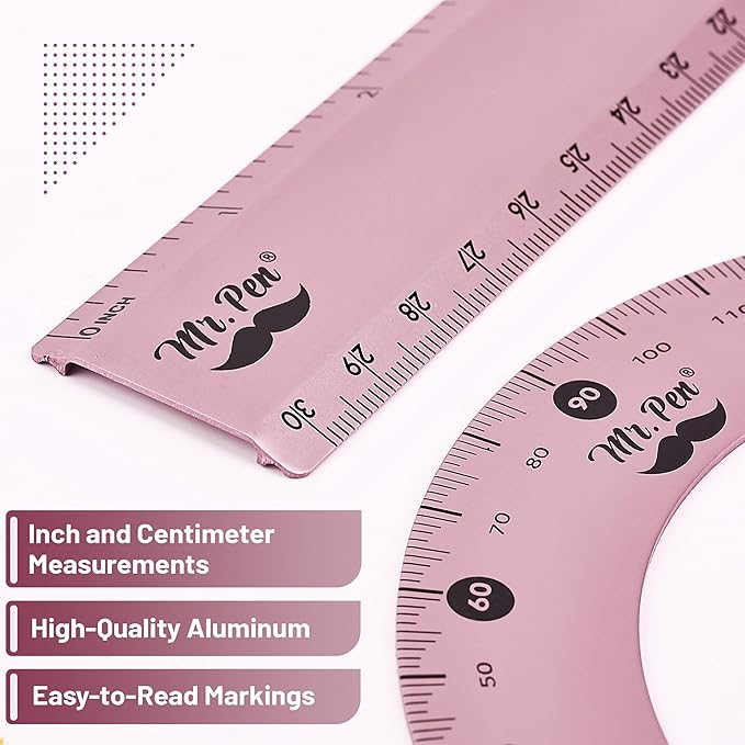 Mr. Pen- Metal Geometry Kit, 4 Pack, 45° & 30°/60° Set Squares, 6" Protractor & 12" Ruler, Durable Metal Drafting Tools for Technical Drawing, Math, Engineering & Architecture