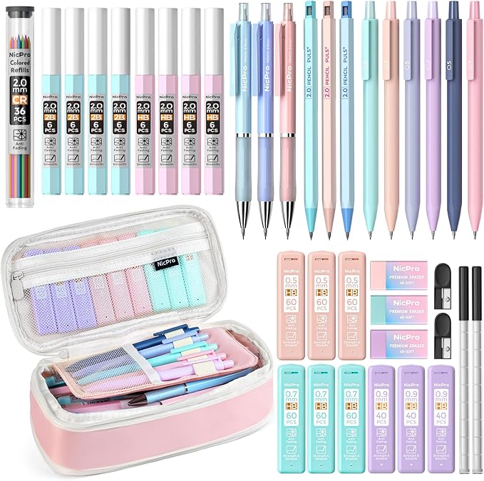 Nicpro 38PCS Aesthetic School Supplies, Pastel Mechanical Pencil Set | 0.5, 0.7, 0.9 & 2.0 mm Pencils with 564PCS Lead Refills, Cute Mechanical Pencils, for Girls Student Stationary - Pink Case