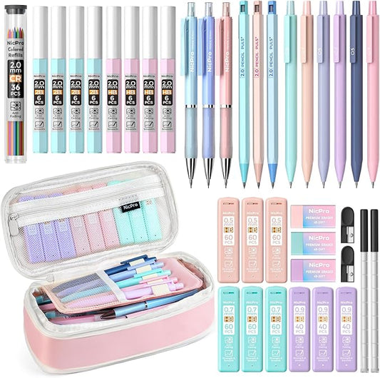 Nicpro 38PCS Aesthetic School Supplies, Pastel Mechanical Pencil Set | 0.5, 0.7, 0.9 & 2.0 mm Pencils with 564PCS Lead Refills, Cute Mechanical Pencils, for Girls Student Stationary - Pink Case