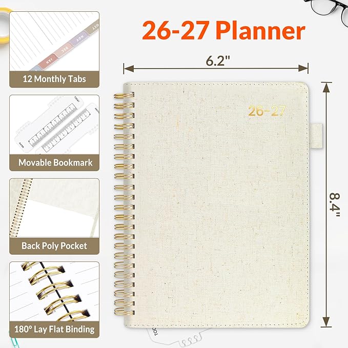 SUNEE 2026-2027 Weekly & Monthly Planner 6.4"x8.5" - 12 Month (July 2026 - June 2027), Vegan Leather Cover Planner Academic Year Calendar, Pocket, Notes, Monthly Tab, Beige