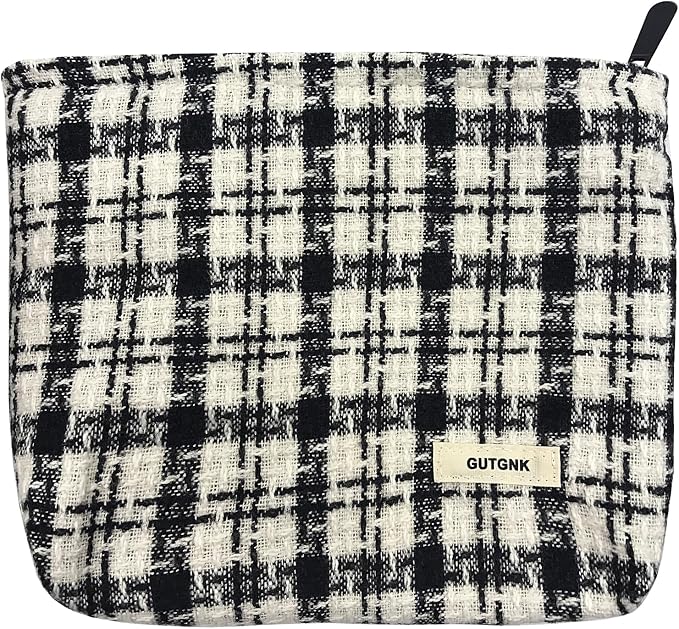 GUTGNK Corduroy Ladies Cosmetic Bag, Large Capacity Canvas Cosmetic Bag Travel Toiletry Bag Accessories Organizer, Black Check