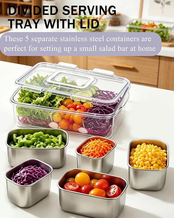 Snackle Box Container, 5-Compartment Stainless Steel Snack Box, Dishwasher Safety Snack Tray with Lid and Handle, Large Divided Serving Tray for Travel, Picnic, Beach, Pool and Parties