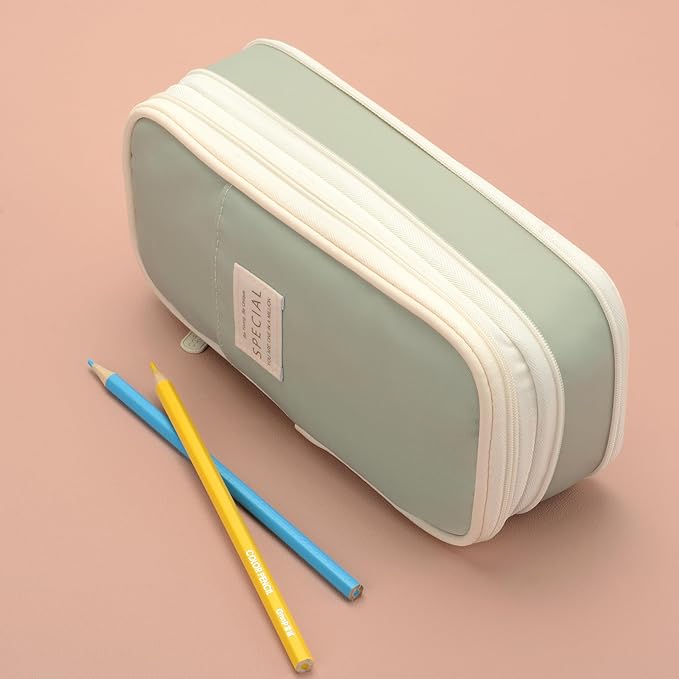 Large Capacity Canvas Pencil Case Organizer Holder Pouch Bag with Zipper Compartments for Women Girls School Adults (Green)