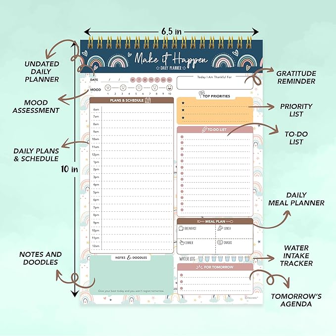 Decorably 52 Sheets Boho Rainbow Undated Daily Notepad - 6.5x10in Spring-Bound Planner, Easy Tear-Off, for Schedule, Priorities, to Dos, Agenda, Water Intake, Meals, Notes & Doodles - Home, Office