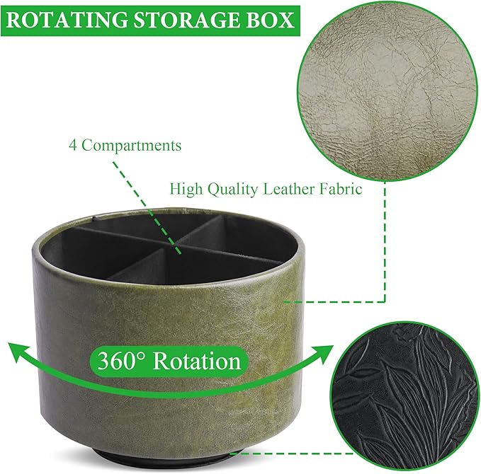 Round Leather Art Supply Organizer,Remote Control Holder,360 Degree Spinning,Multi-Functional Pencil Holder,4 Compartments Desktop Stationary Organizer(1-Oil Green)
