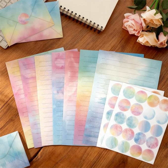 160 Pcs Stationery Writing Paper with Envelopes, 50 Double Sided Stationery Papers with 50 Matching Envelopes and 60 Round Dot Sticker, 10 Unique Designs