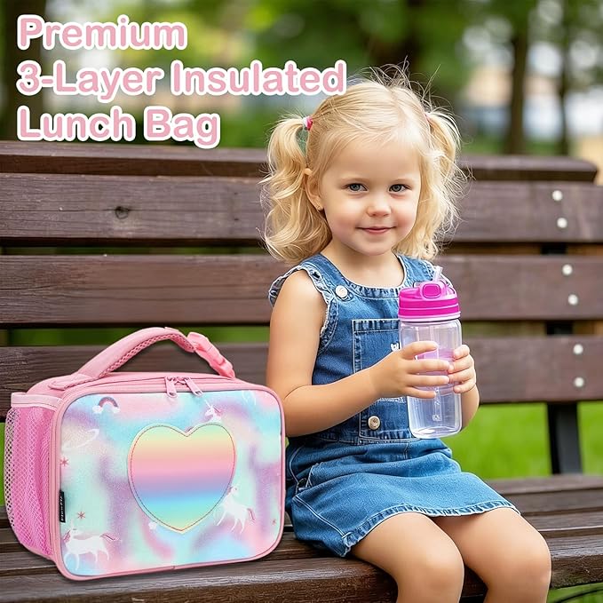 FlowFly Kids Lunch box Insulated Soft Bag Mini Cooler Back to School Thermal Meal Tote Kit for Girls, Boys, Glitter-Unicorn