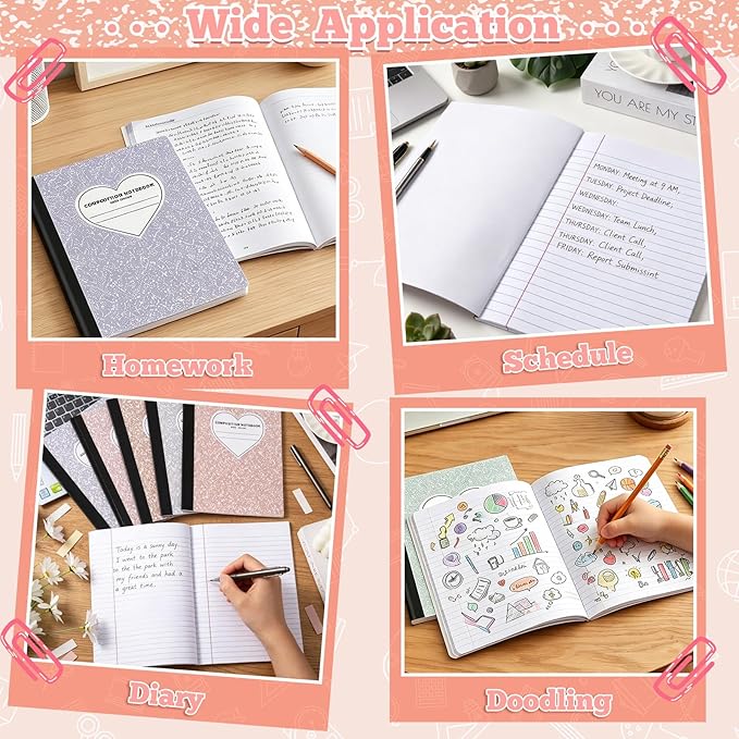FOGWOWO 6 Pack Marble Composition Notebook Wide Ruled,Pastel Boho Composition Notebooks Bulk,Assorted Colors Back to School Marble Notebooks 80 Pages (40 Sheets) 9.75x7.5 Inches