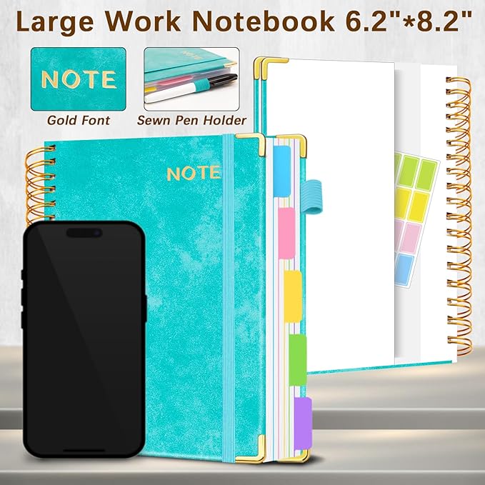 Hardcover Spiral Notebooks for Work 6.2"x 8.2", 300 Pages 5 Subject Notebook with Dividers & Tabs, A5 Spiral Journal for Women, College Ruled Notebook for School Note-Taking (Cyan)