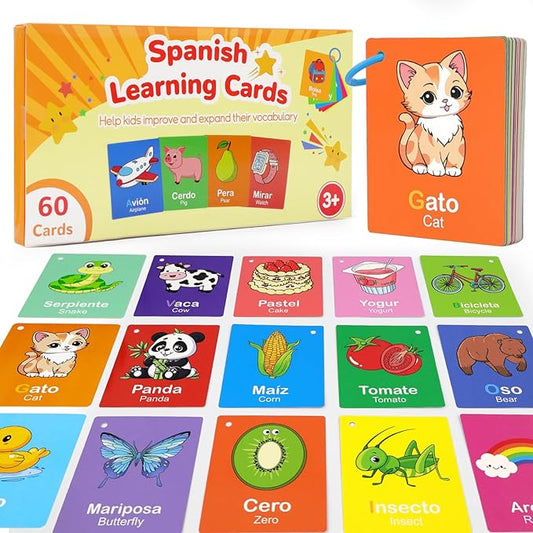 Toddler Spanish Learning Flash Cards, 60 PCS Double Sides Bilingual Flashcards for Numbers, Colors, Shapes, Sight Words, Learn Spanish for Kids, Preschool Kindergarten Learning Activities