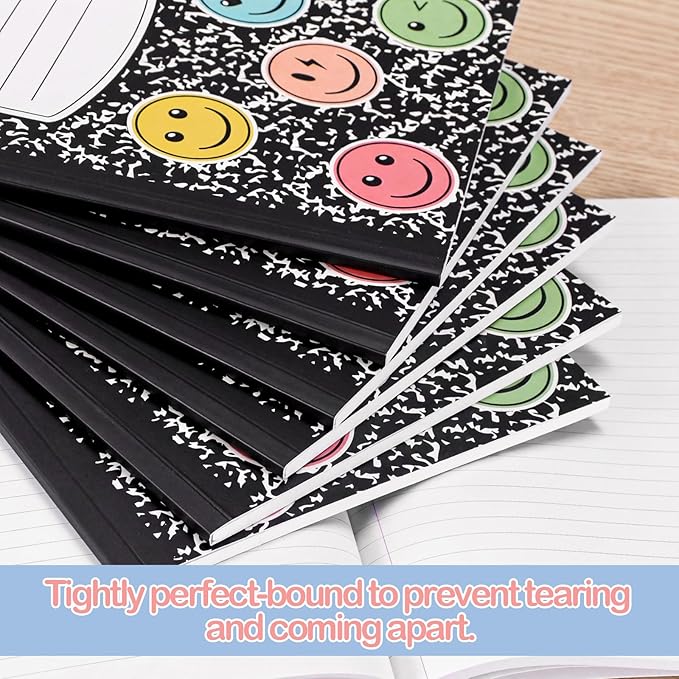 Eaasty Composition Notebook Wide Ruled Paper Assorted Marble Aesthetic Composition Notebook 100 Page 7.5" x 9.75" Journal Gift for Back to School First Day of School Students Teacher (6 Pcs,Smile)