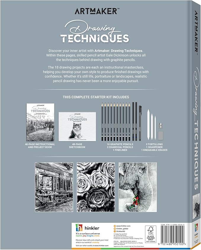 Hinkler Art Maker: Drawing Techniques - Complete Studio Starter Kit, Instruction Book, Sketchbook, Graphite Pencils, Charcoal Pencils, Tools & Supplies, Adult
