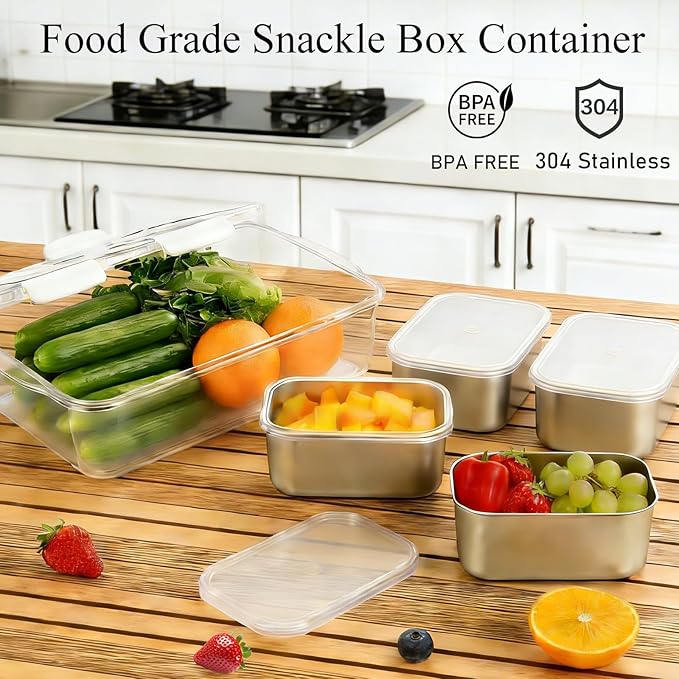 Snackle Box Container, Stainless Steel Snack Tray with Lid and Handle, 4-Compartment Divided Serving Tray for Fruit Veggie Candy, Large Snack Platter for Travel Party Beach Picnic