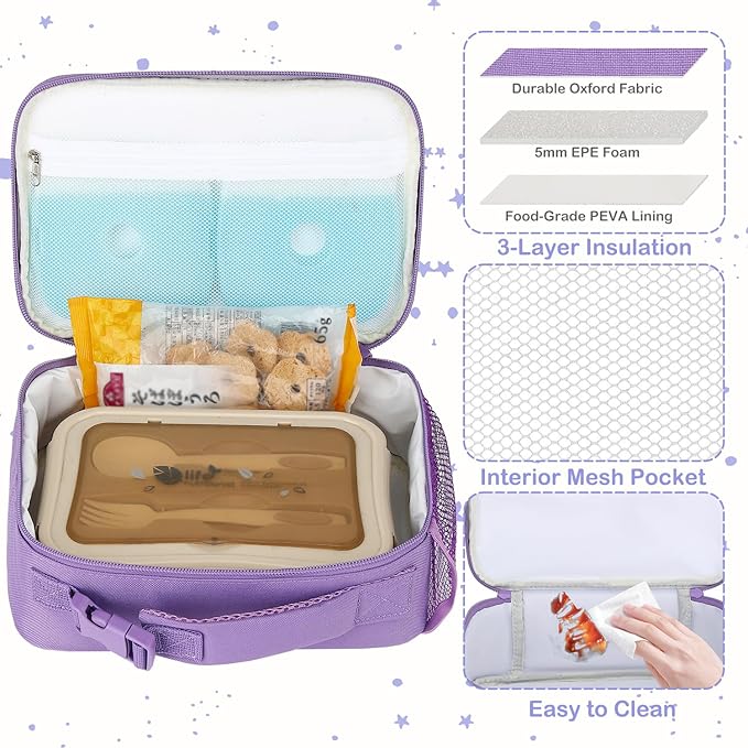FlowFly Kids Lunch box Insulated Soft Bag Mini Cooler Back to School Thermal Meal Tote Kit for Girls, Boys,Purple#Glitter