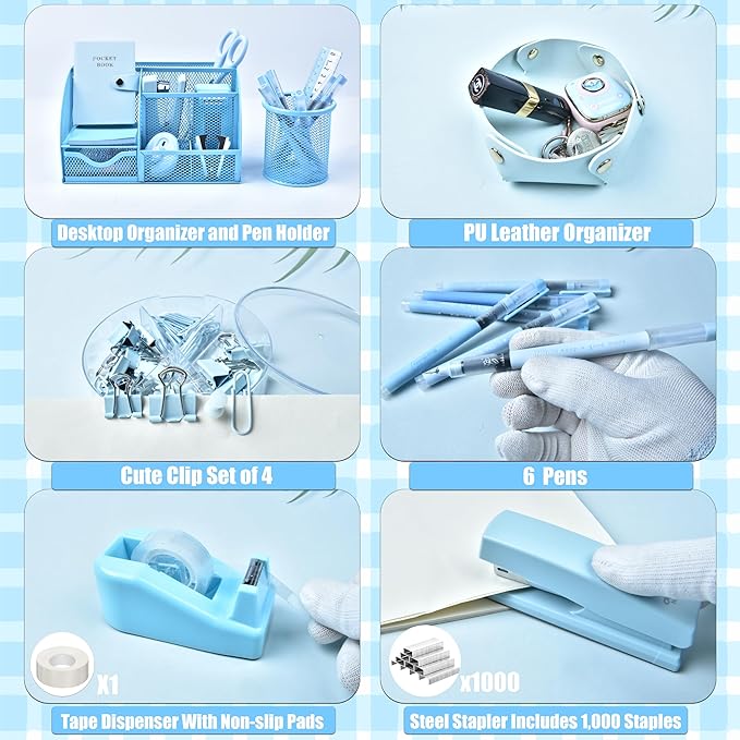 Blue Desk Accessories, 26Pcs Office Supplies and Desk Organizers, with Tape Dispenser, Stapler, Staple Remover, Ect, Gift Box Packaging