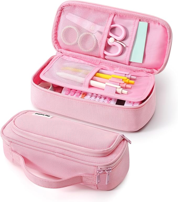 Ralnitote Large Pencil Case for Girls and Boys, Aesthetic Pencil Case Organizer with Handle, Cute Pencil Pouch for School & Office Supplies-Pink