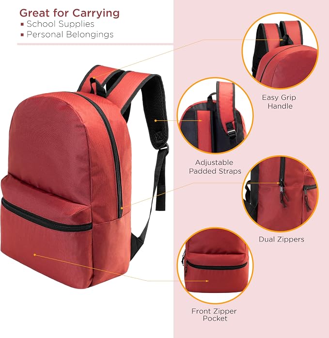 24-Pack 15" Backpacks for Kids - Bookbags in Bulk for Elementary, Middle, and High School Students, 12 Assorted Colors