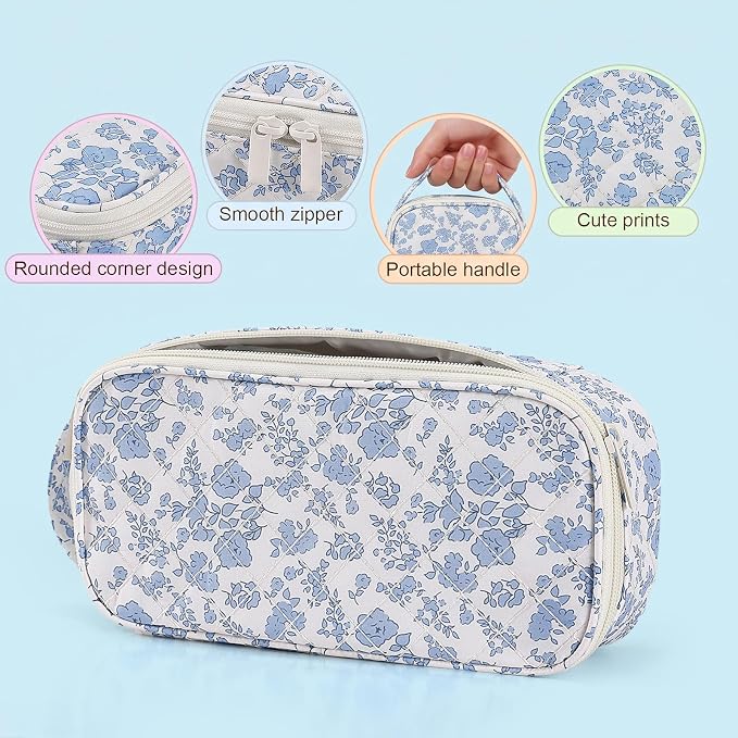 Cute Floral Quilted Pencil Case for Girls, Large Aesthetic Pen Pouch with Handle, Multi Compartment Stationery Organizer, Portable Travel Cosmetic Makeup Bag Back to School