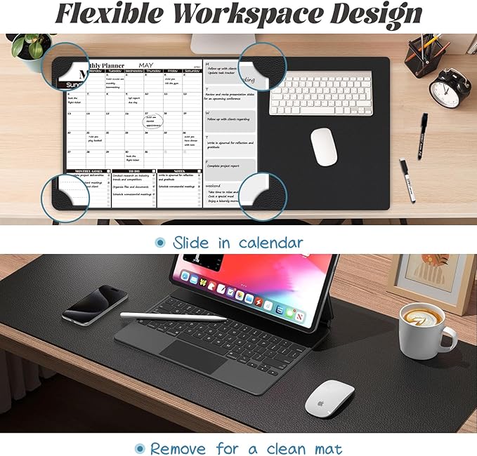 JJPRO Dual-Layer Black Dry Erase Desk Mat,Large Multi-Use Dry Erase Desk Calendar,Dry Erase Desk Pad,Double-Sided Faux Leather Desk Pad,Reusable Large Mouse Pad for Office, Home-16"x34"