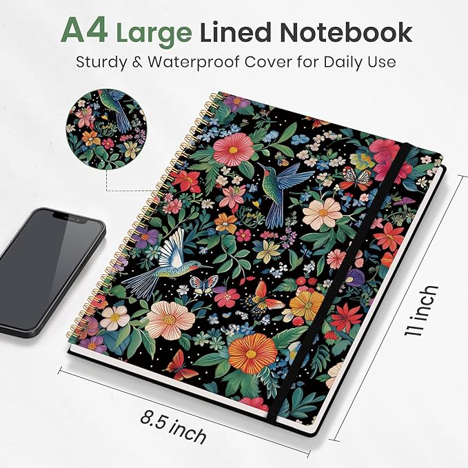 Taja Large Spiral Lined Journal for Women, 8.5" x 11" Notebooks for Work Collge Ruled, A4 Aesthetic Cute Journaling Notebooks for Writing, Plastic Cover, Hummingbird