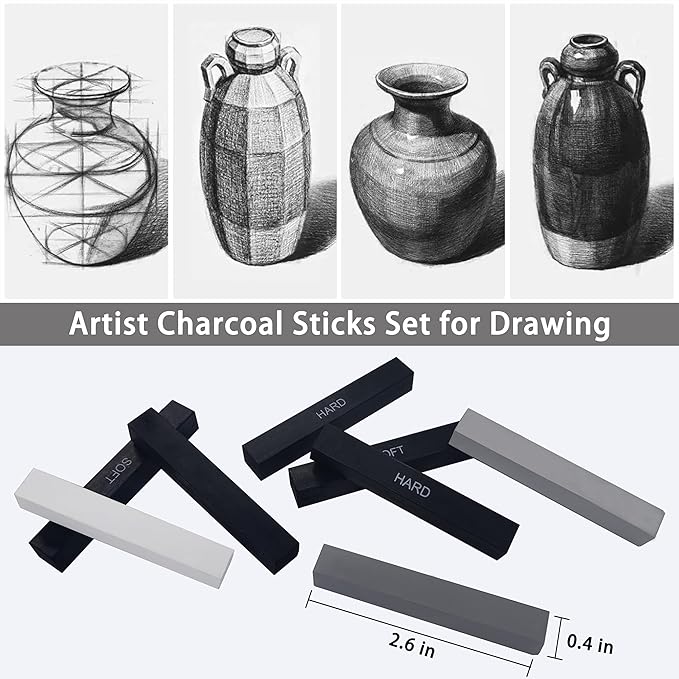 24 Pcs Compressed Charcoal Sticks with Soft, Medium, Hard and White Charcoal, Square Charcoal Stick Kit for Drawing, Sketching and Shading (12 Black + 4 Gray + 8 White)